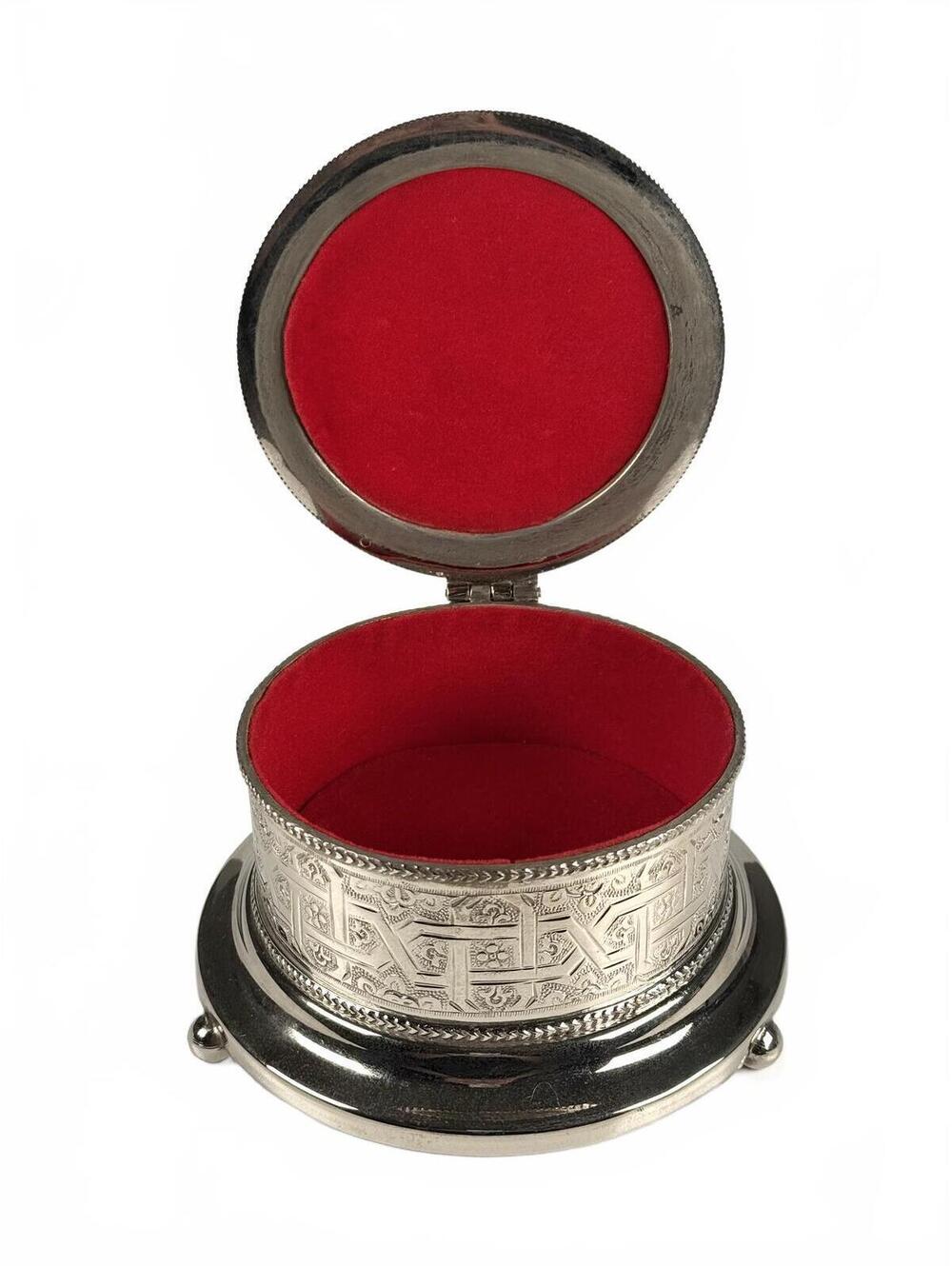 Vintage El Zaher Engraved Silver Plate Jewelry Box Red Velvet Oriental Geometric
